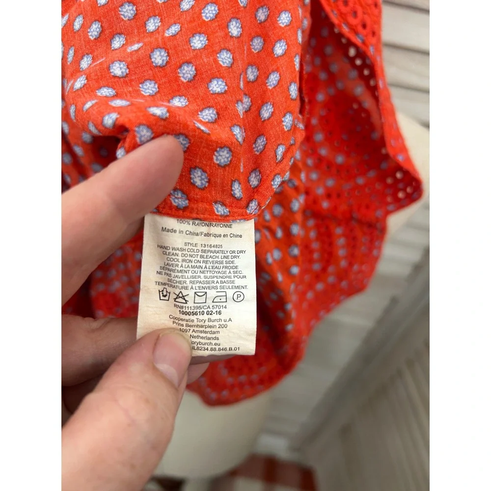 Tory Burch Off the Shoulder Dress Size XS Orange Polka Dot Shirred Ruched Ruffle